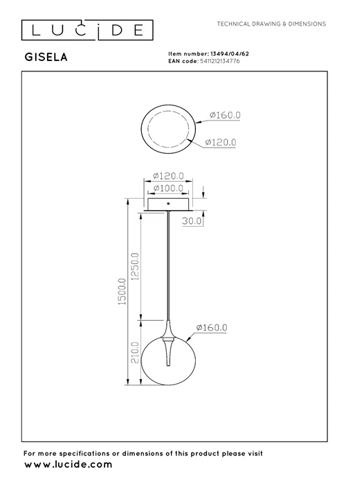 Lucide GISELA - Suspension - Ø 16 cm - LED Dim. - 1x5W 2700K - Ambre | Premium - technique